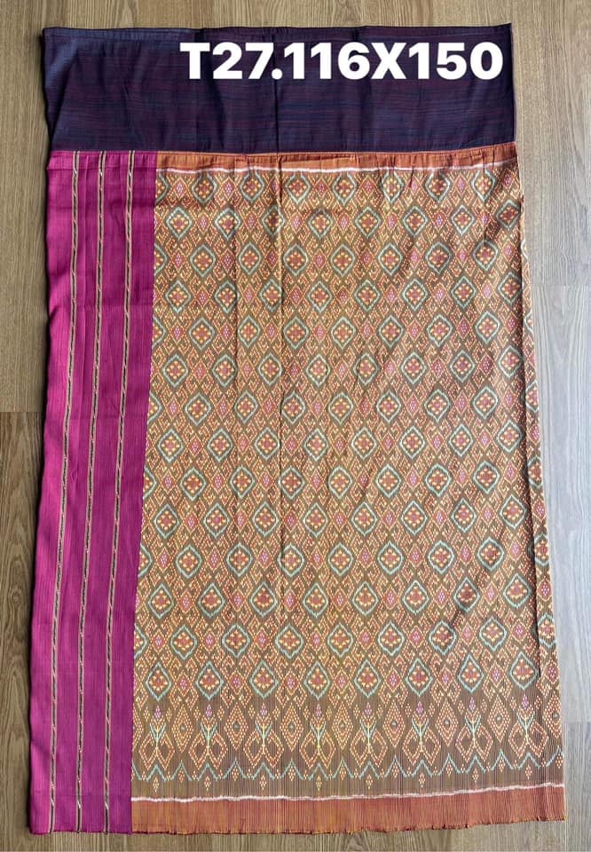 Battambang sarong, natural color, 3-tap cham cloth, size 116x150cm, blue-orange background, code N9-SIL-T27