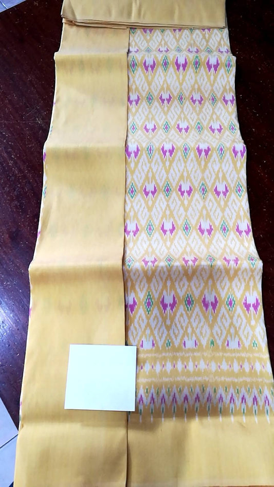 (Dress fabric) Mudmee silk, Songtako, real silk (2 yards of patterned fabric + 2 yards of plain color), lantern pattern, yellow, code M2B-NY-0417671