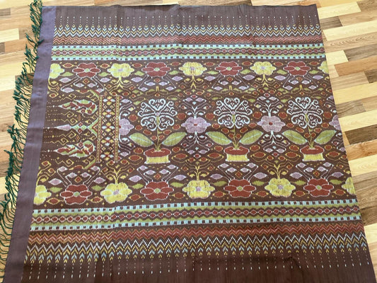 Mudmee silk sarong, real silk, natural color, fermented in mud, 3 tako, woven on a roller, size 1x2 meters, flower pattern, tree pattern, brown, code M3P-33-0208674