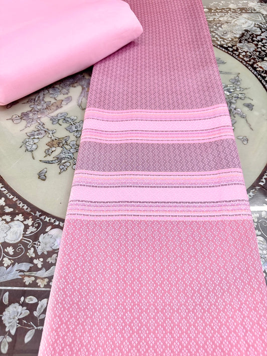 (Dress cloth) plain colored silk with stripes (2 yards of plain fabric + 2 yards of sarong) petal pink shade, code BC-ST-B7-163 + C-50135