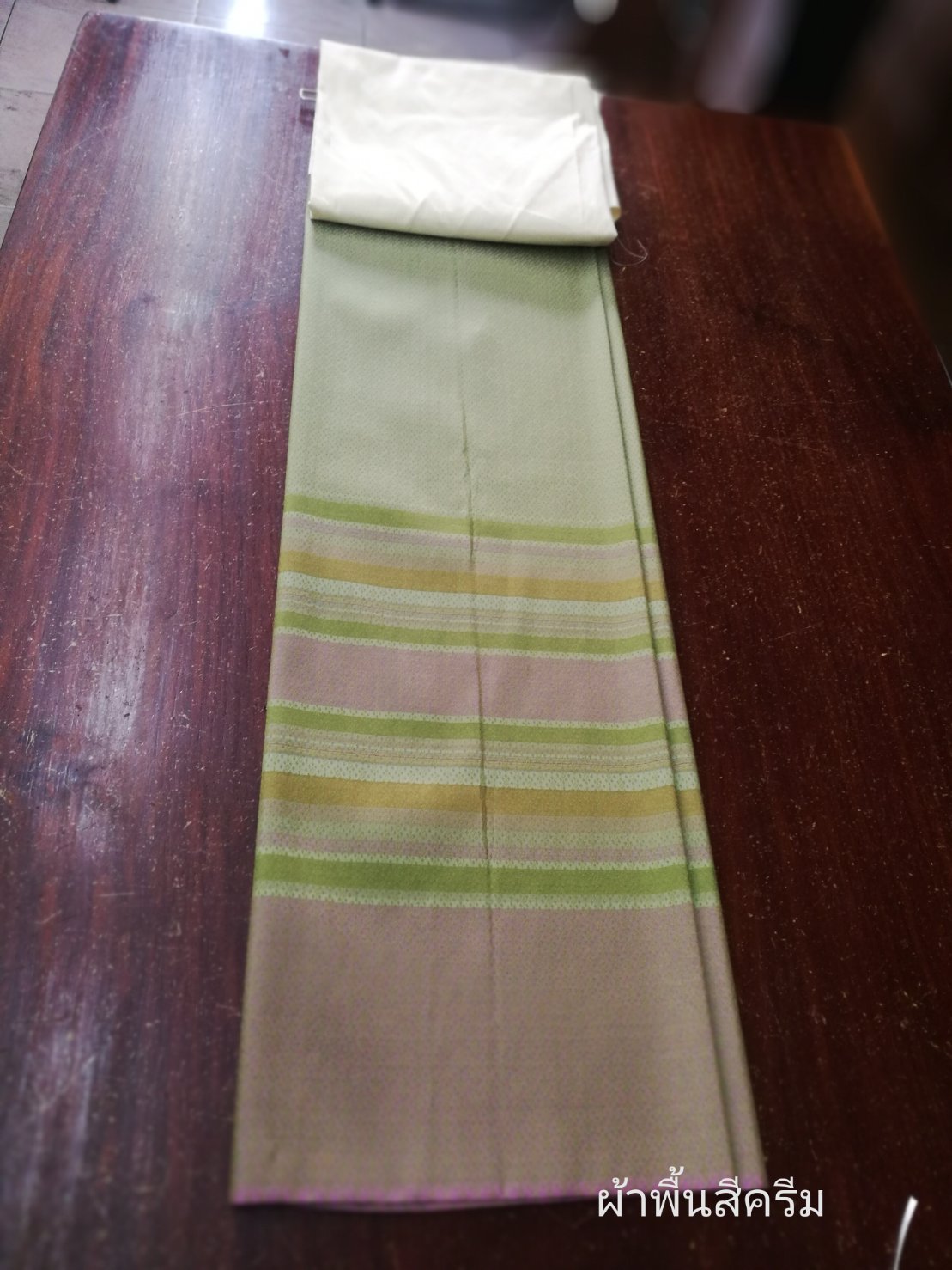 (Dress cloth) plain colored silk with stripes (2 meters of ground cloth + 2 yards of pattern) green with cream color, code BC-NY0602669