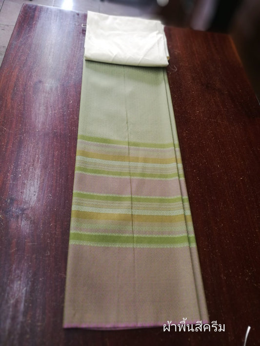 (Dress cloth) plain colored silk with stripes (2 meters of ground cloth + 2 yards of pattern) green with cream color, code B7C-NY0602669