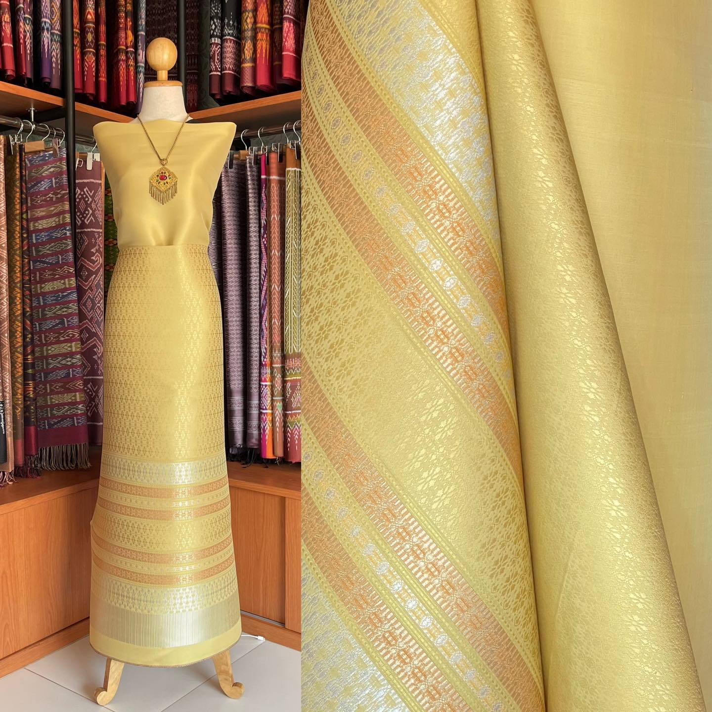 (Dress cloth) Lamphun silk (solid color 2 meters + pattern 2.4 meters) yellow, code N90-MD-0429671113