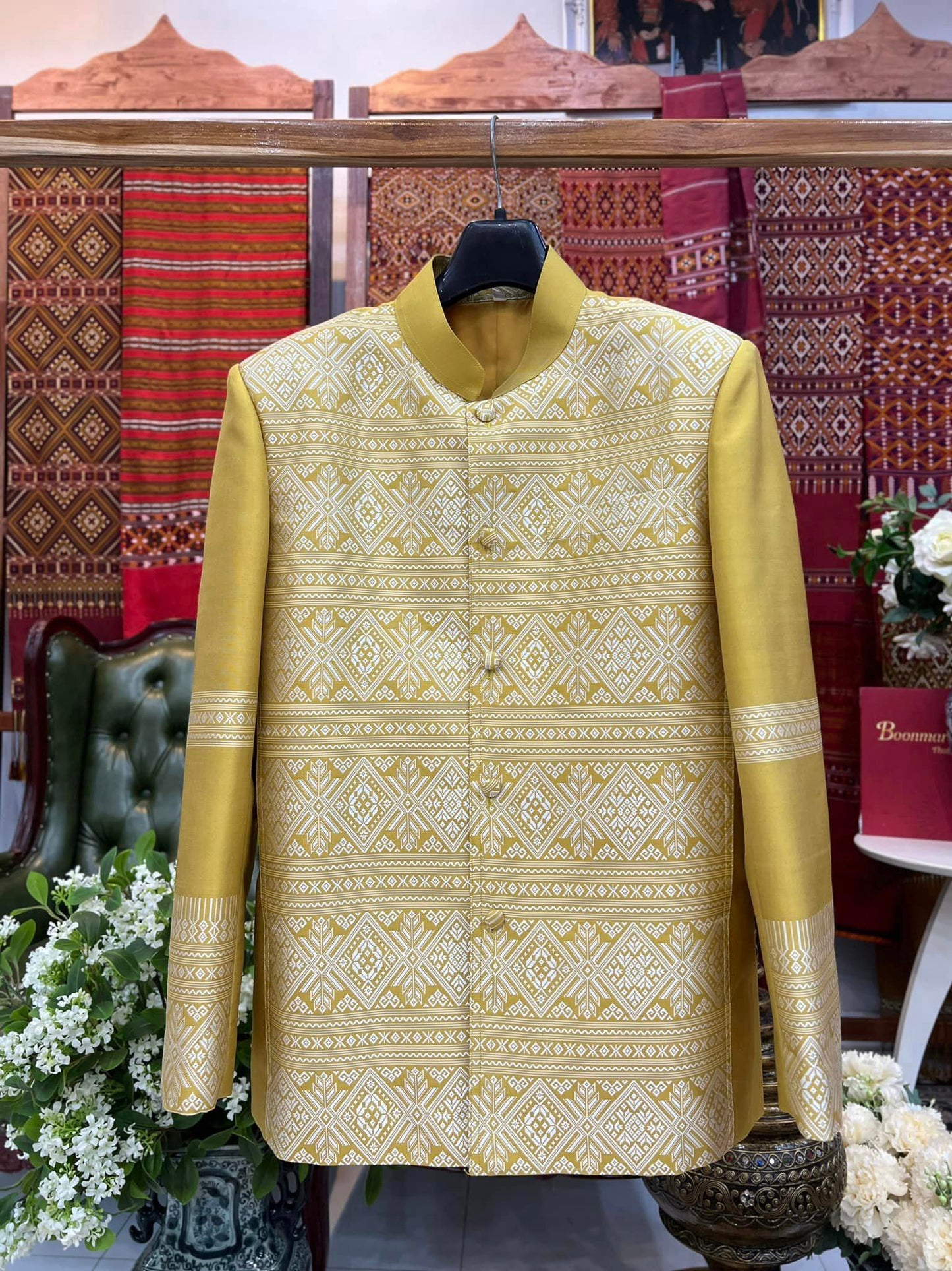 Suit shirt with royal collar, long sleeves, Praewa silk, golden yellow, code DM-BM-03236713