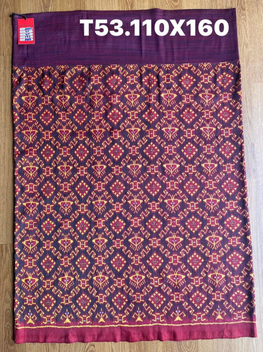 Battambang sarong, natural color, 3-takor cham cloth, size 110x160cm, red background, code N9-SIL-T53