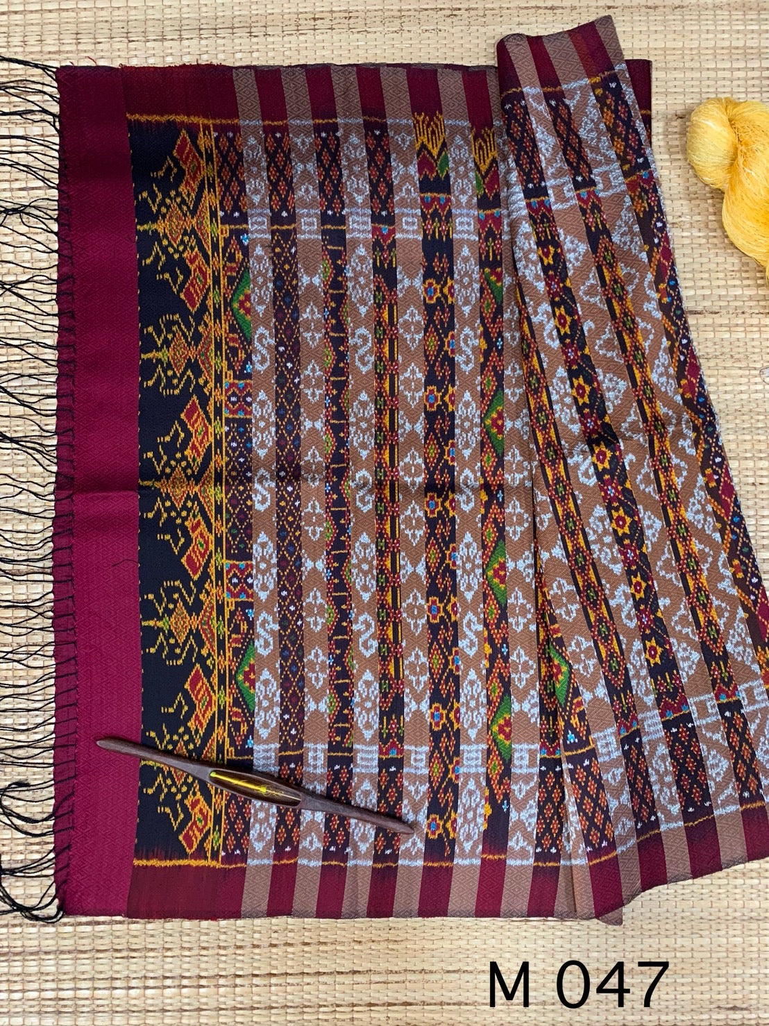 Mudmee silk sarong, real silk, 6 tako, with ruffle, size 1x2 meters, Rajakanya flower pattern. Brown and red, code PCS-AA-M047