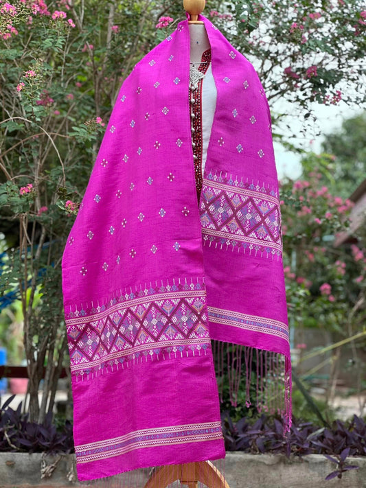 Khit shawl, home silk, size 50x250cm, pink background, code Z-PT0524662