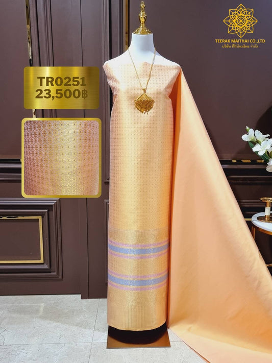 (Dress cloth) Genuine Lamphun silk, gold thread (solid color 2 meters + pattern 2.4 meters), yellow with pink tint, code N90-29-TR0251