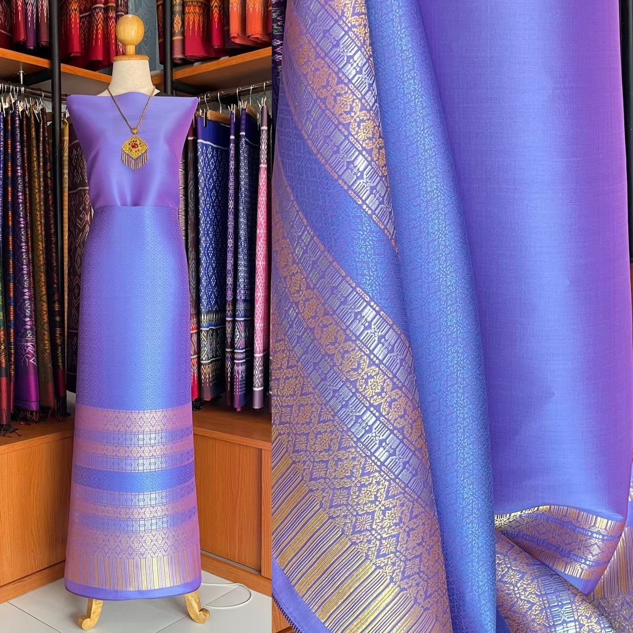 (Dress cloth) Surin large flower silk, size 1x4.4 meters (solid color 2 meters + pattern 2.4 meters), iridescent purple, blue, code N90-MD-1026672