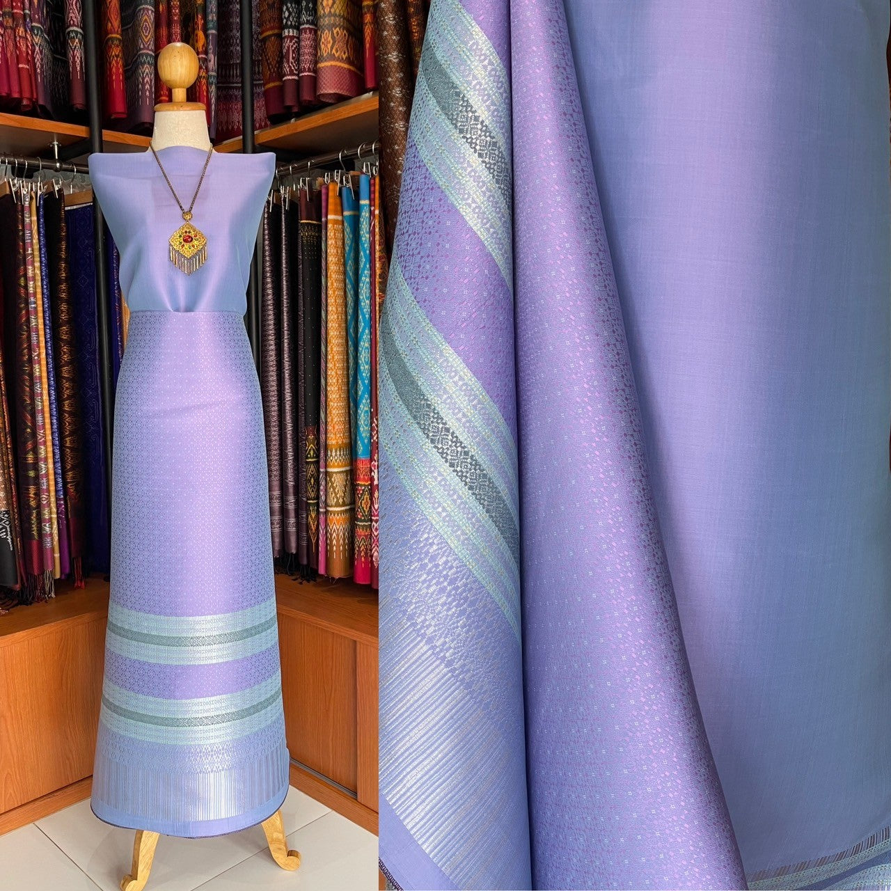 (Dress cloth) Surin large flower silk, size 1x4.4 meters (solid color 2 meters + pattern 2.4 meters), iridescent purple, code N90-MD-0524671402