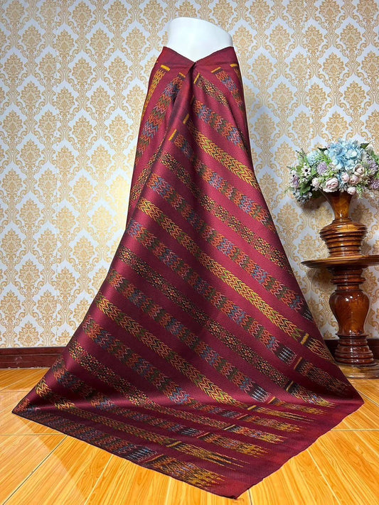 Mudmee silk skirt, woven with 6 takok flowers, size 1x2 meters, water flow pattern, red background, code L9A-KN-0509672144