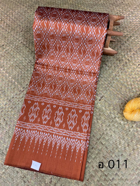 Mudmee silk sarong, handwoven, 3 tako, size 1x2 meters, Khit Narirat pattern, golden orange background, code PCS-AA-060467 A011