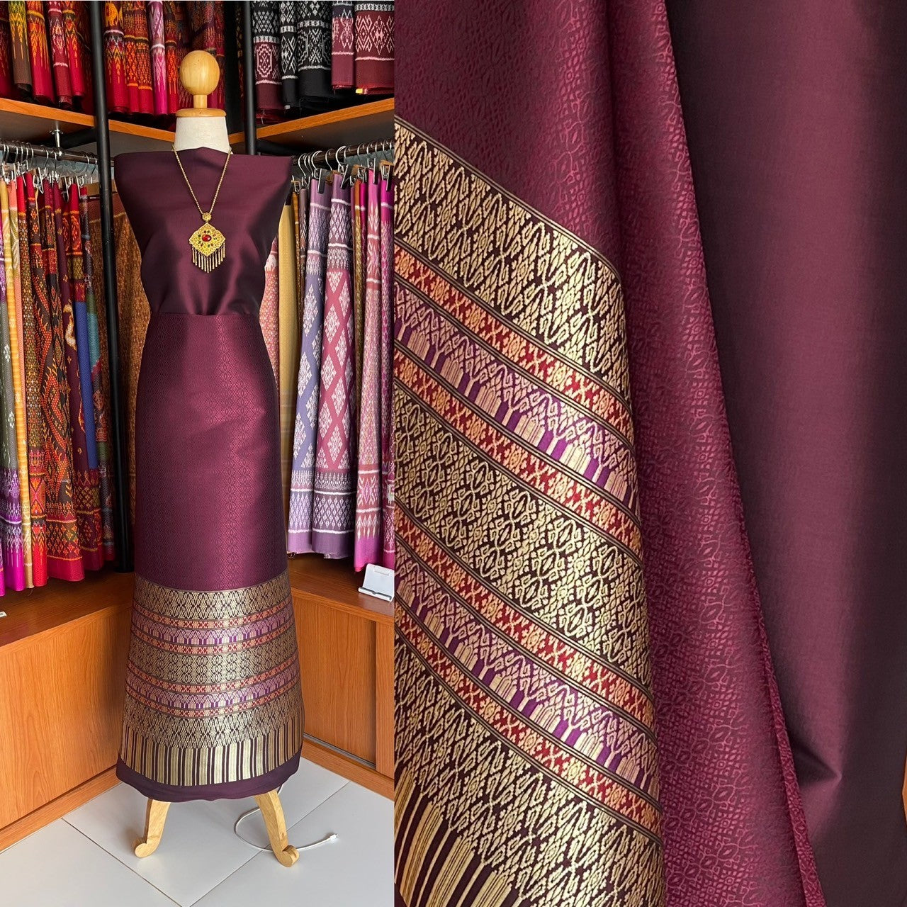 (Dress cloth) Surin silk (solid color 2 meters + pattern 2.4 meters) dark red, code N90-MD-01126714078