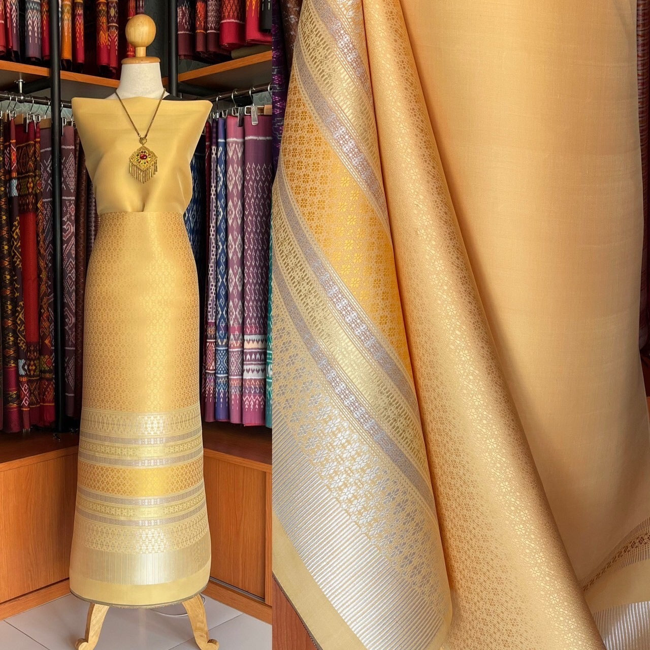 (Dress cloth) Lamphun silk (solid color 2 meters + pattern 2.4 meters) yellow, code N90-MD-0227671