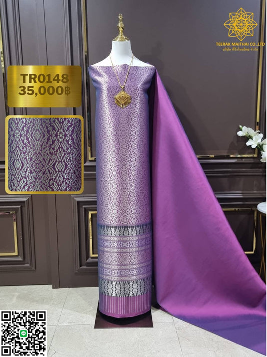 (Dress cloth) Purple Lamphun silk, Maprang Yok Dok, silver thread (solid color 2 meters + pattern 2.4 meters), purple, code N90-29-TR0148