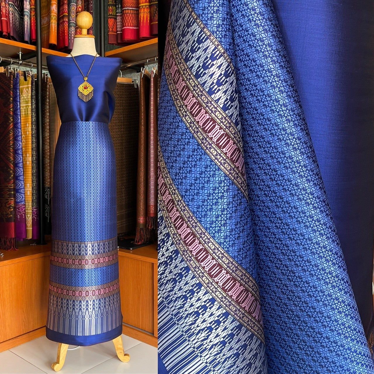 (Dress cloth) Lamphun silk (solid color 2 meters + pattern 2.4 meters) blue, code N90-MD-0314671701