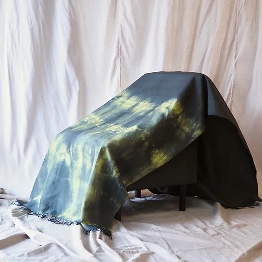 Large silk shawl, tie-dyed, with ruffle, size 100x215cm, navy green, code ZYH-CT-102619.