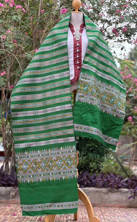 Khit shawl, Baan silk, size 50x250cm, green background, code Z-PT0524668