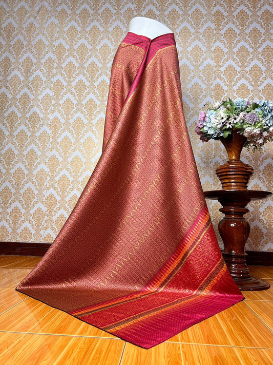 Sin, Mudmee silk, woven with 6 tassels, 5-star work, size 1x2 meters, hole pattern, red background, code L9A-KN-0816671910