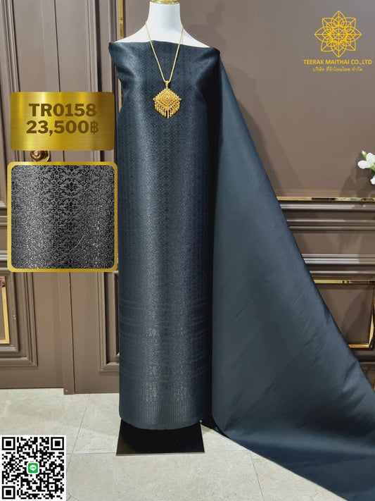 (Dress cloth) Lamphun silk, black, raised flowers, black tinsel (solid color 2 meters + pattern 2.4 meters), black, code N90-29-TR0158