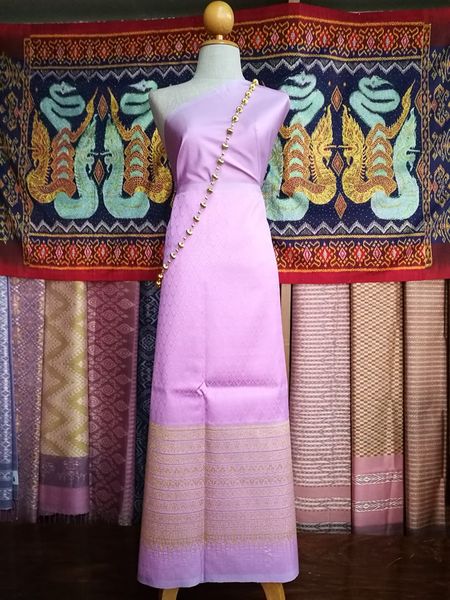 (Dress fabric) Surin silk, size 1x4 meters (pattern 2 meters + solid color 2 meters), purple-pink, code N10-NY0315666