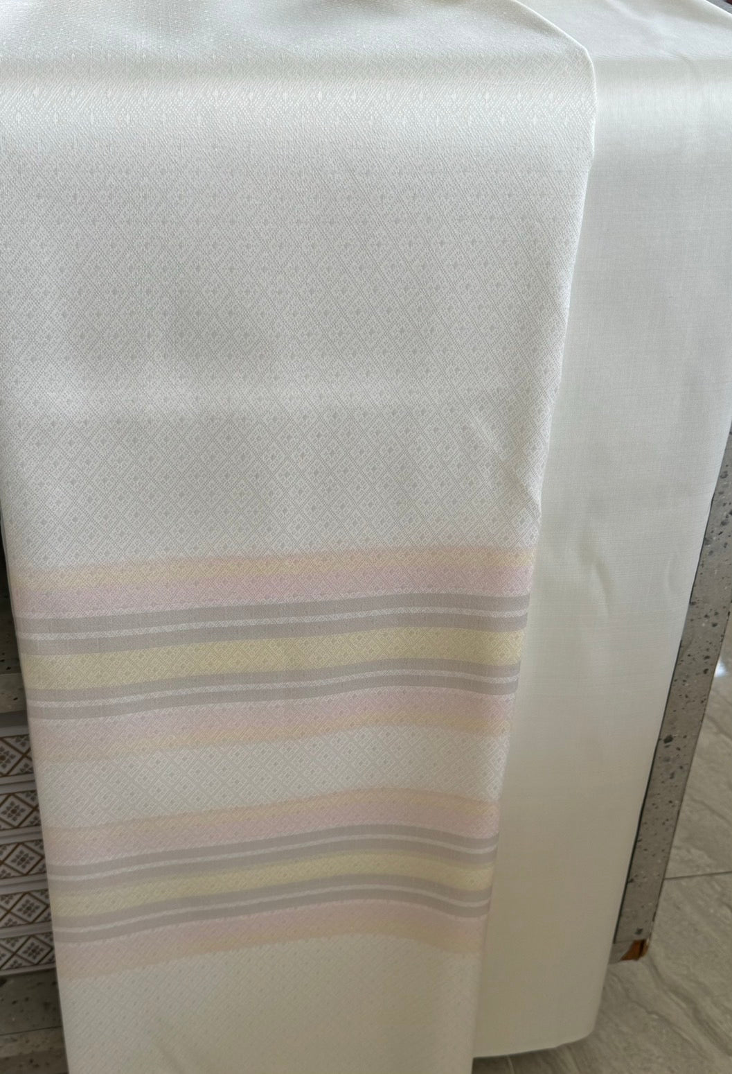 (Dress cloth) plain colored silk with stripes (2 yards of plain cloth + 2 yards of sarong) shade of creamy white, code B7C-SN-10116711