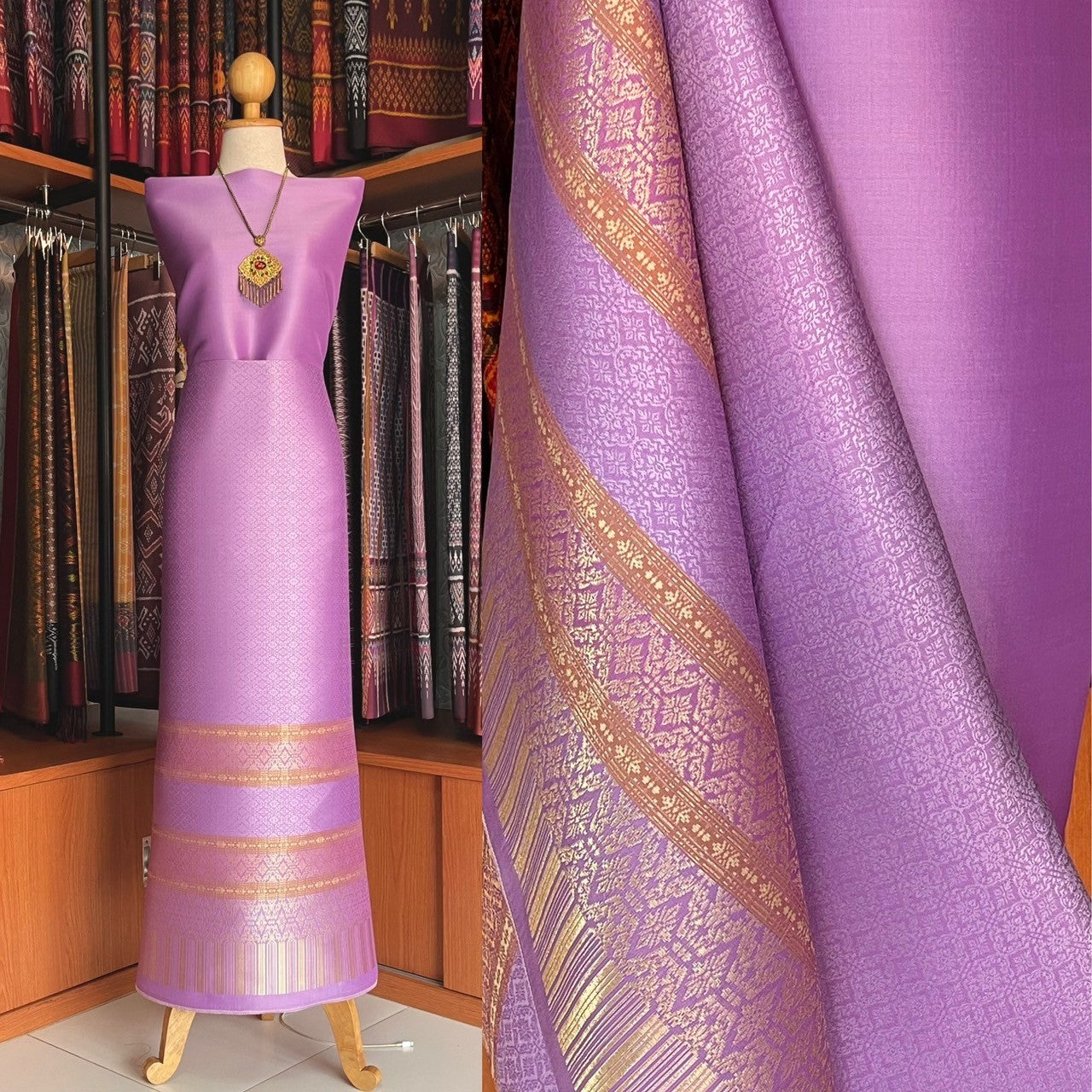 (Dress cloth) Lamphun silk (solid color 2 meters + pattern 2.4 meters) purple, code N90-MD-062367228