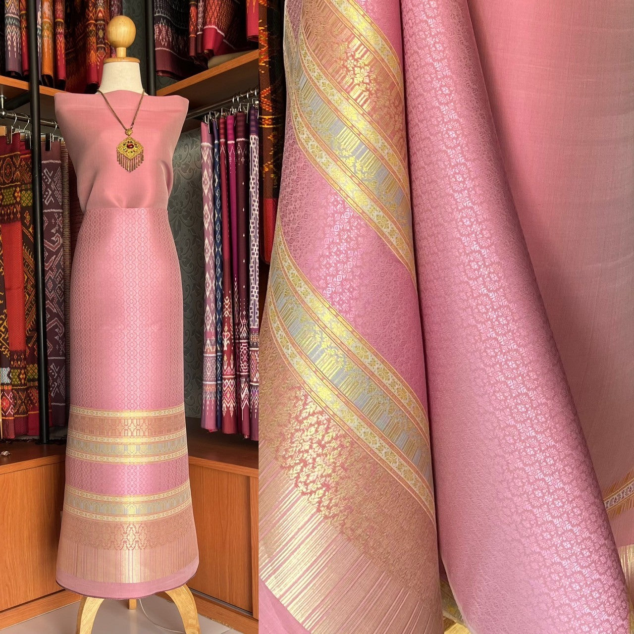 (Dress cloth) Lamphun silk (solid color 2 meters + pattern 2.4 meters) pink, code N90-MD-02106701