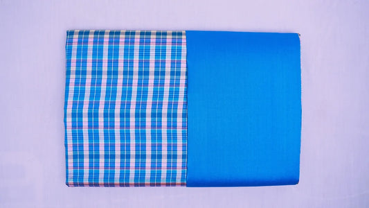 (Dress fabric) Plaid pattern silk, real silk, size 1x4 yards (2 yards of patterned fabric + 2 yards of plain color), blue, code A90-CT100627