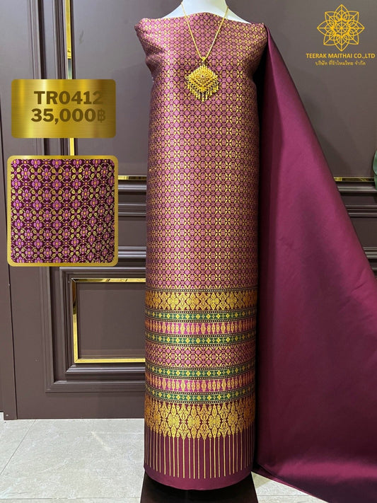 (Dress cloth) Lamphun silk Separate gold-tinted sheaths, orange gaiters (base color 2 meters + pattern 2.4 meters), Dara Wedda pattern, blood red, code N90-29-TR0412