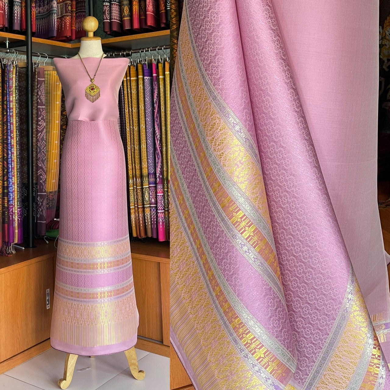 (Dress fabric) Lamphun silk (solid color 2 meters + pattern 2.4 meters) pink, code N90-MD-0401675