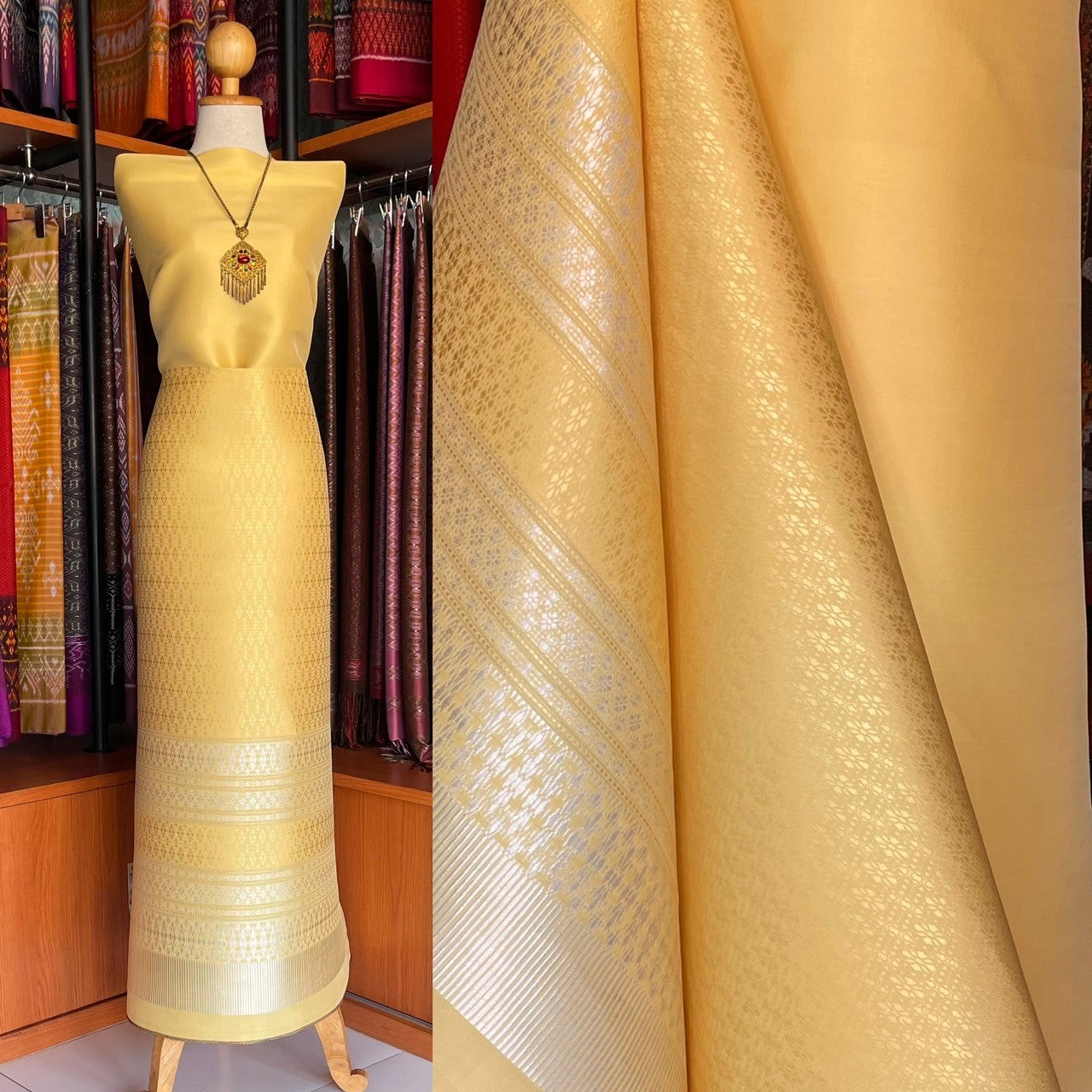 (Dress cloth) Lamphun silk (solid color 2 meters + pattern 2.4 meters) yellow, code N90-MD-0324671001