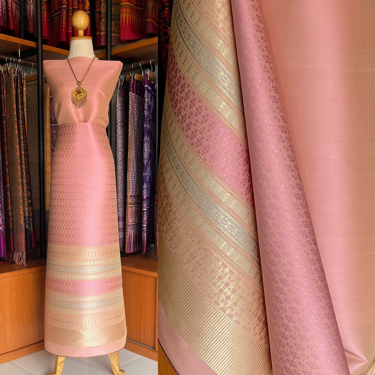 (Dress fabric) Surin silk (solid color 2 meters + pattern 2.4 meters) pink, code N90-MD-0608675