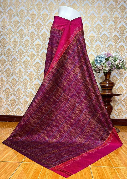 Mudmee silk skirt, woven with 6 tassels, ancient work, home silk, size 1x2 meters, hole pattern, red-brown background, code L9A-KN-0507672214