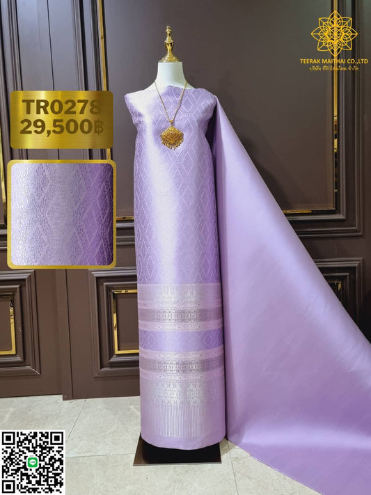 (Dress cloth) Purple Lamphun silk, Queen Koh Choeng, silver tinsel (solid color 2 meters + pattern 2.4 meters), purple, code N90-29-TR0278