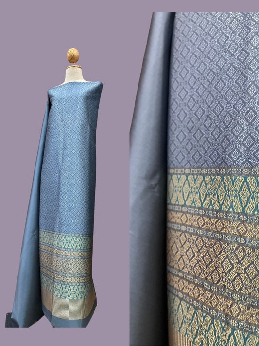 (Dress cloth) Lamphun silk (solid color 2 meters + pattern 2.4 meters) blue-gray color, code N90-AA-01206718124