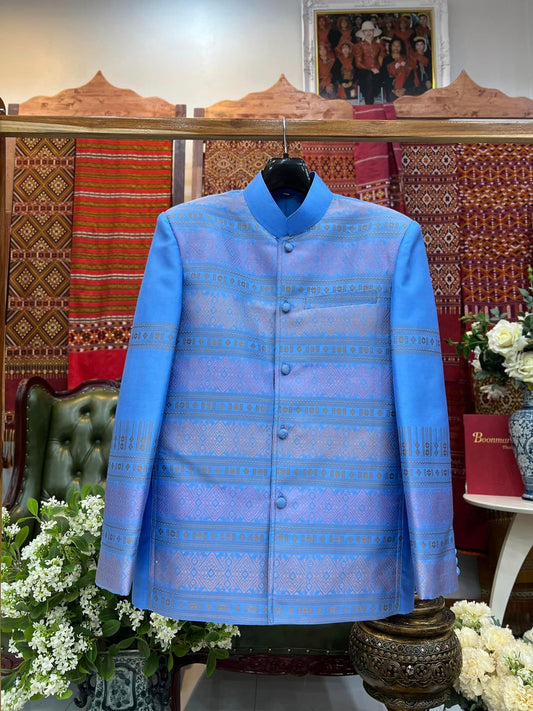 Suit shirt with royal collar, long sleeves, Praewa silk, iridescent blue, code DM-BM-0323675