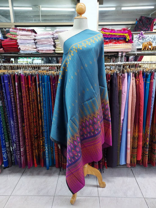 Mudmee silk skirt, real silk, 3 tako, Expressway pattern, bottom bottom, size 1x2 meters, blue background, code R2Q-NY-01306717