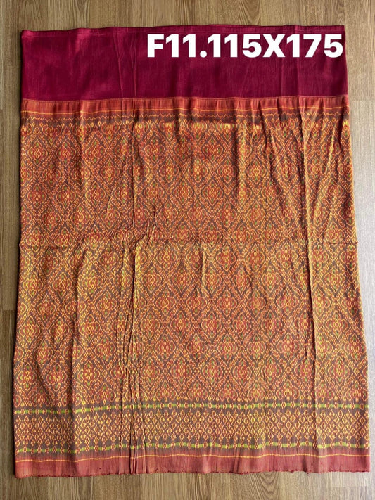 Battambang sarong, natural color, 3-takor cham cloth, size 115x175cm, red background, code N9-SIL-F11