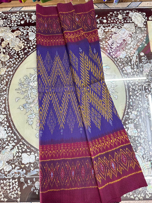 Sin, Luk Kaew silk, Mudmee, real silk, 5 tako, size 1x2 meters, blue background, dark red, yellow pattern, code L9A-ST07301448