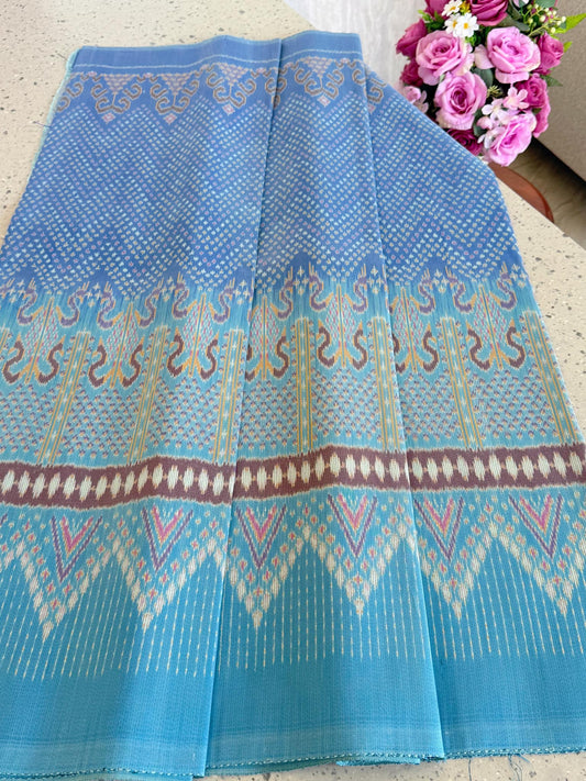 Sin Mudmee silk Woven with squirrel tail pattern, 3 tako, size 1x2 meters, blue tone, code R2Q-SN-10236748