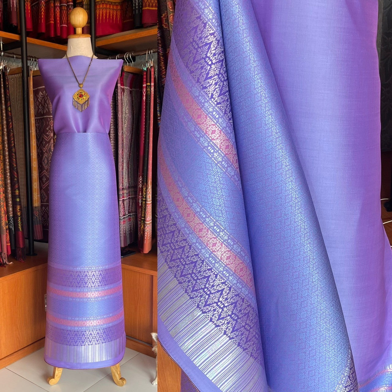 (Dress cloth) Surin large flower silk, size 1x4.4 meters (solid color 2 meters + pattern 2.4 meters), purple, code N90-MD-07146711391