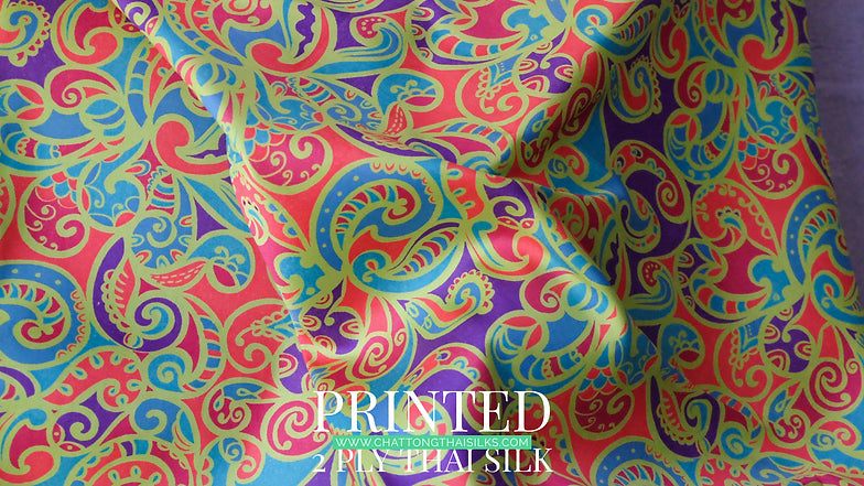 2 strands of printed silk, shades of purple, green, orange, sold by the yard, code A4-CT-SKU100289