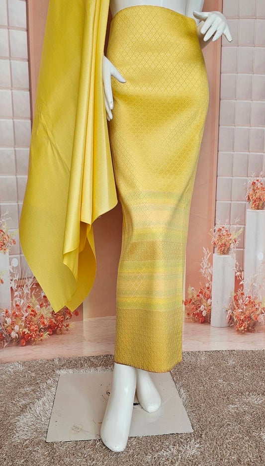 (Dress cloth) plain colored silk with stripes (2 yards of plain cloth + 2 yards of sarong) golden yellow shade, code BC-SN-0723672