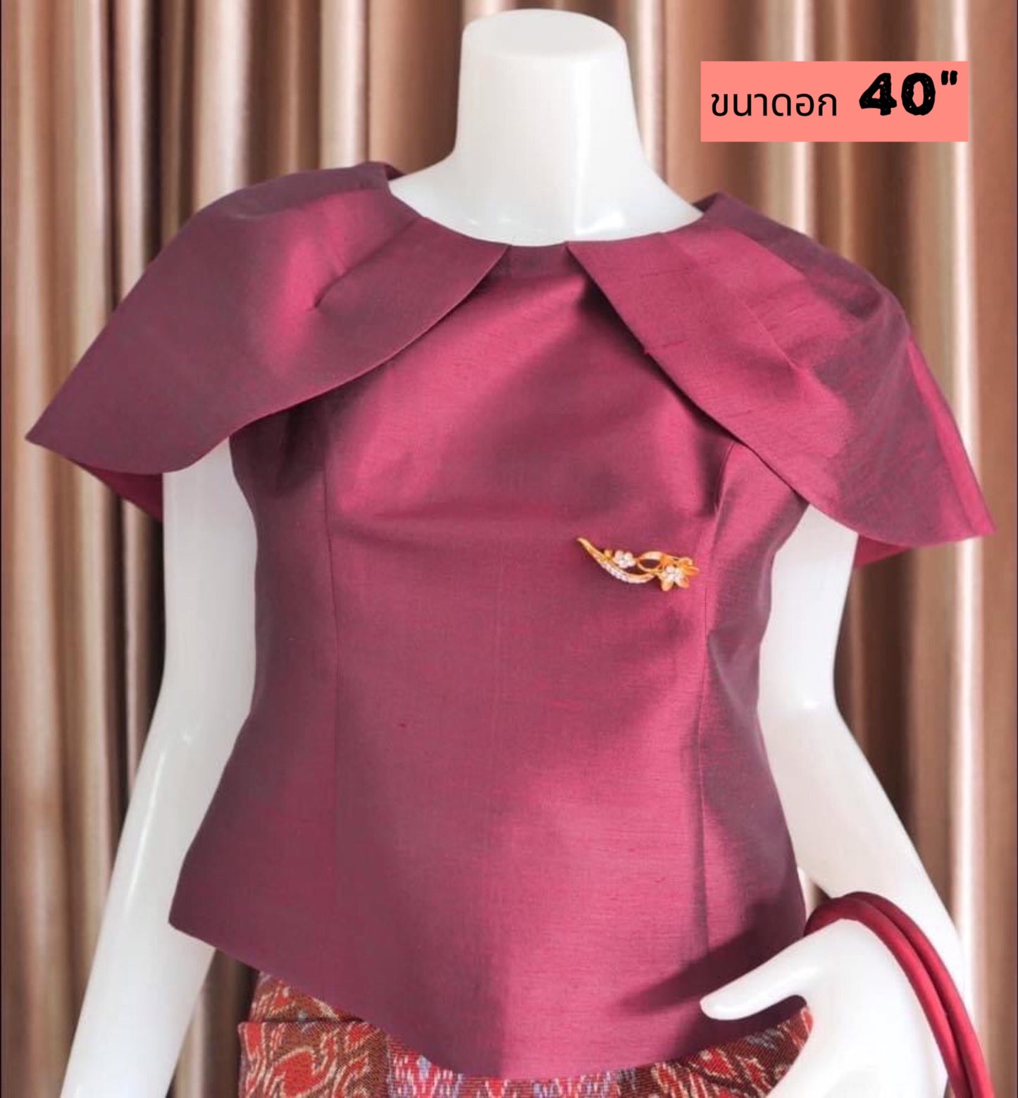 Women's shirt, sleeveless, decorated with ruffles, closed shoulders, plain silk, chest size 40 inches, crimson red, code WD-PK-01226711535