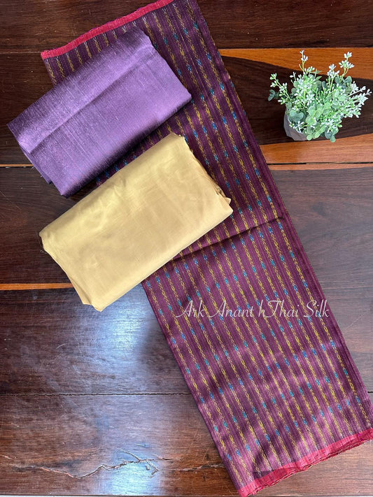 (Dress fabric) Mudmee silk, 3 tako, real silk (patterned fabric 2 meters + solid color 2 meters), purple + yellow, code M3-AA0329669