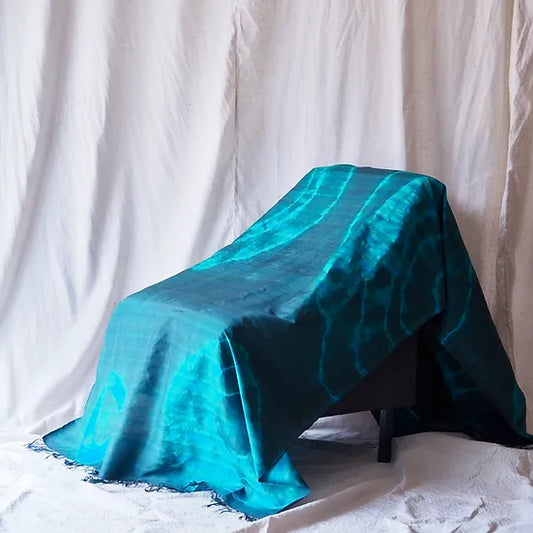 Large silk shawl, tie dyed, with ruffle, size 100x225cm, blue-green, code ZYH-CT-102627.