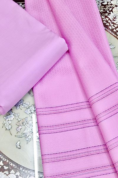 (Dress cloth) plain colored silk with stripes (2 yards of plain fabric + 2 yards of sarong) Lotus petal pink shade, code BC-ST-0503671234