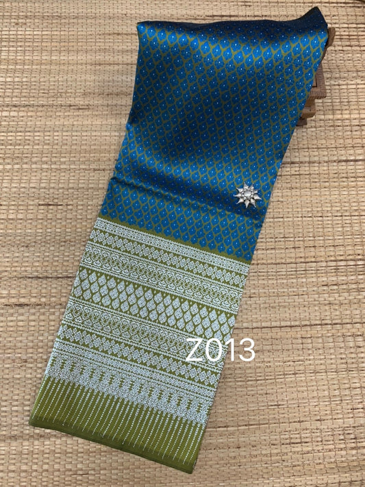 Surin silk sash, real silk, spun with sash, size 1x2 meters, silver tinsel island. Blue + green, code N11-AA-Z0013