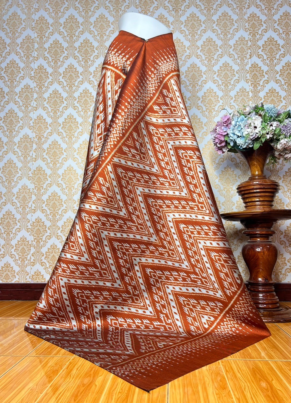 Mudmee silk sarong, 3 takor, size 1x2 meters, orange background, code R2Q-KN-06096717376